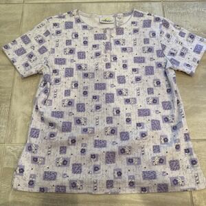 Chic Henley Shirt womens S Purple Floral Crew Vintage Cotton Grandmacore Cottage